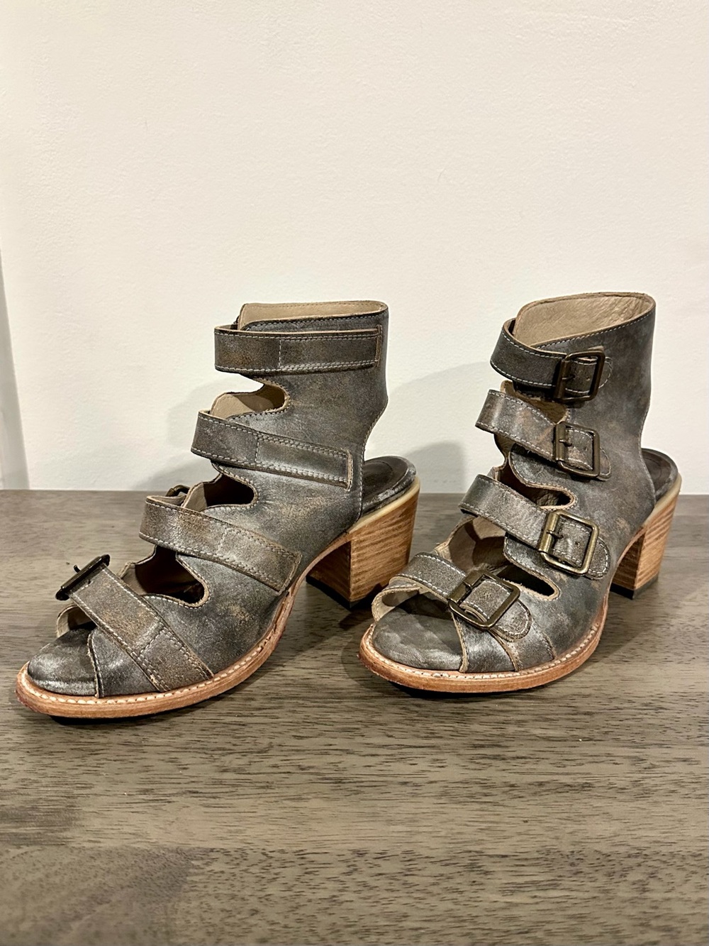 Freebird Quail Distressed Gray Leather Strappy Block Heel Sandals